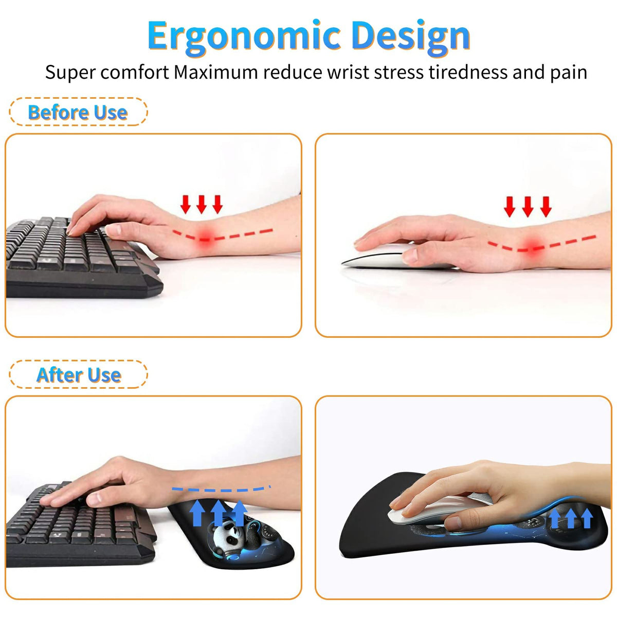 Dikoer 3Pcs Ergonomic Memory Foam Keyboard Wrist Rest Pad Set, Panda