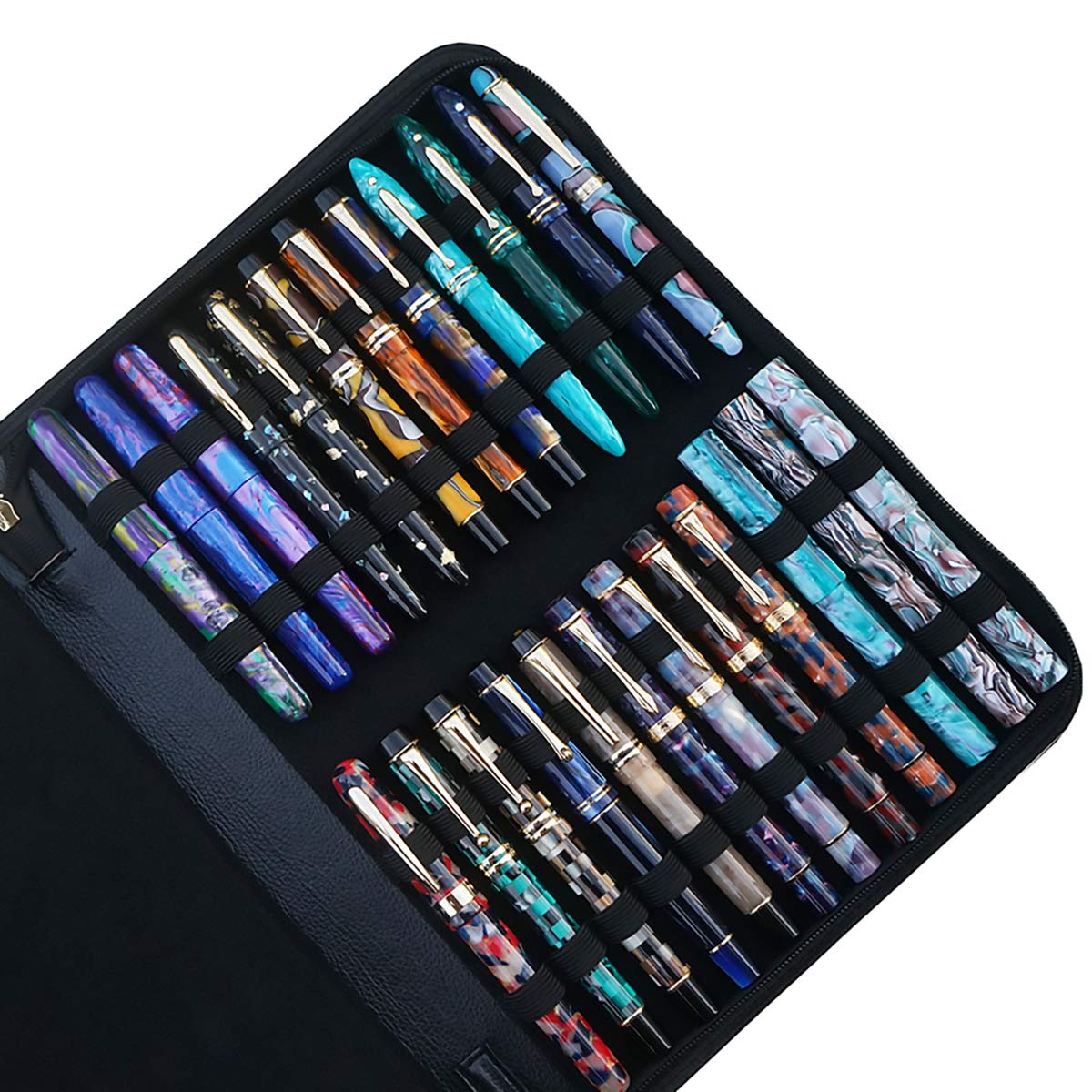 Lanxivi Large Capacity Fountain Pen Case PU Leather Black Color 48 Slots pen pouch bag