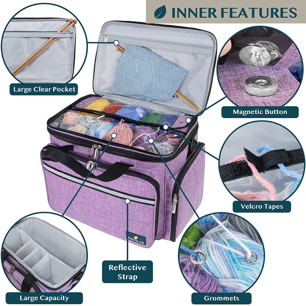 PAVILIA Knitting Yarn Storage Bag Crochet Organizer for Knitter, Purple