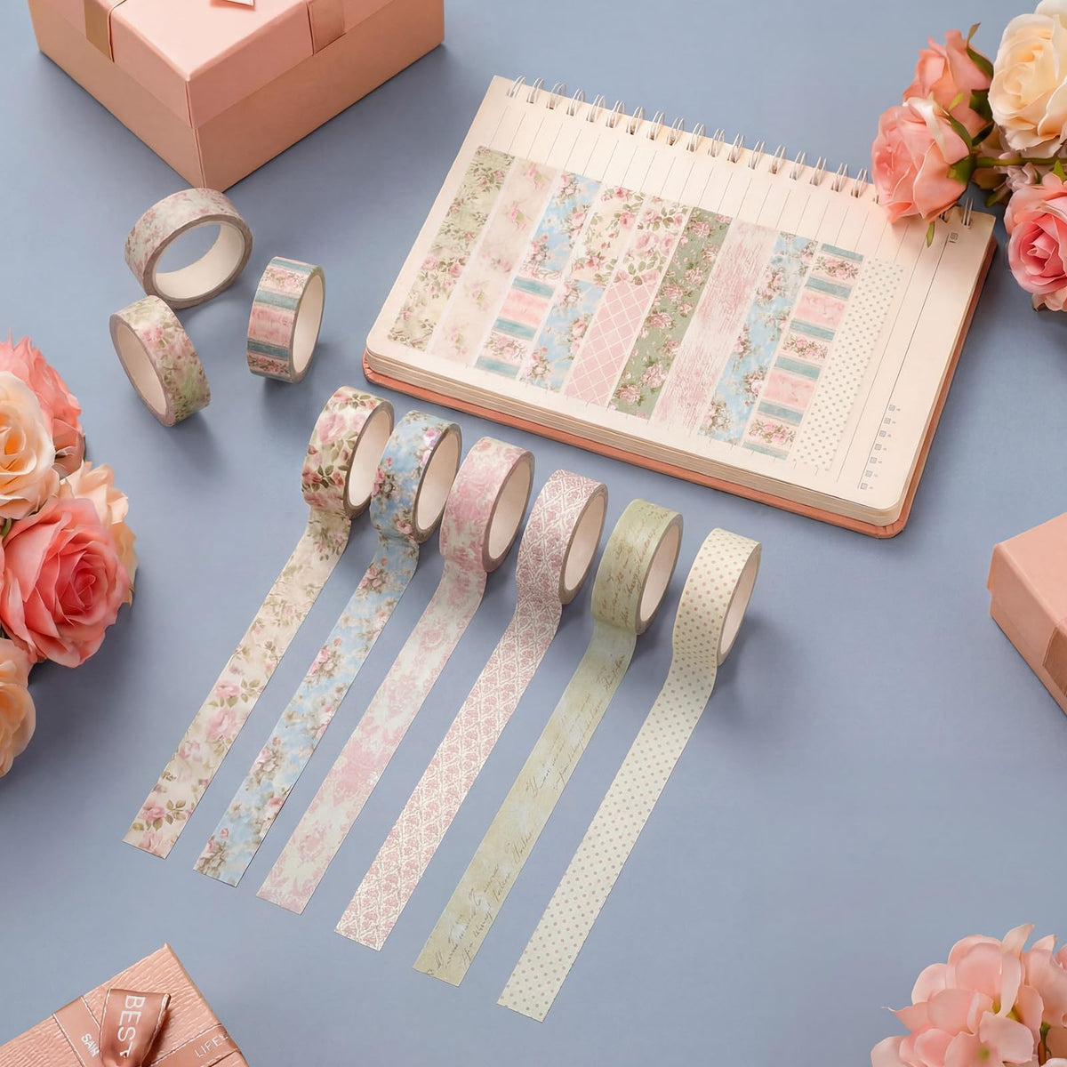 YooNotee 12 Rolls Floral Washi Tape Set,Vintage Pink,Rose