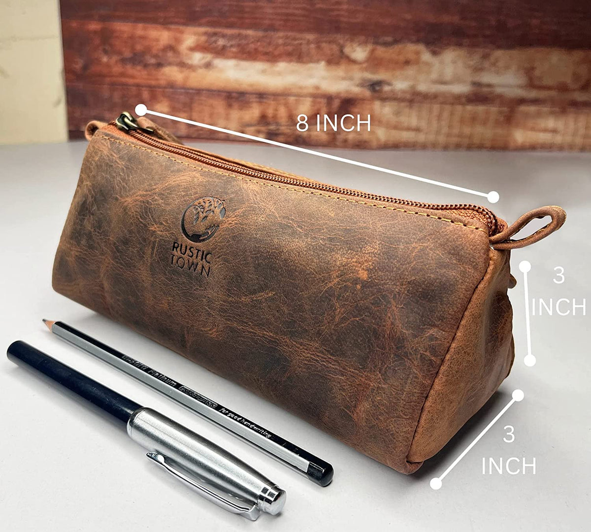 Rustic Town Leather Pencil Case - Vintage Zippered Pencil Pouch & Pen Case for Adults, Artists