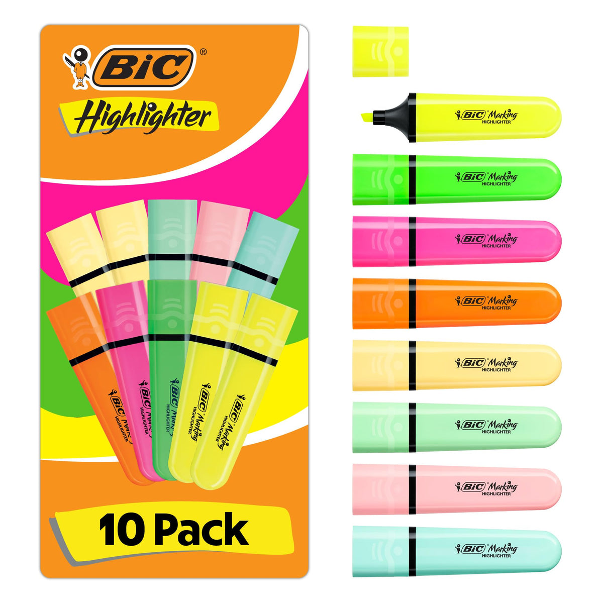 BIC Highlighter Highlighters Flat - Intense and Pastel Colours, Assorted, Pack of 10