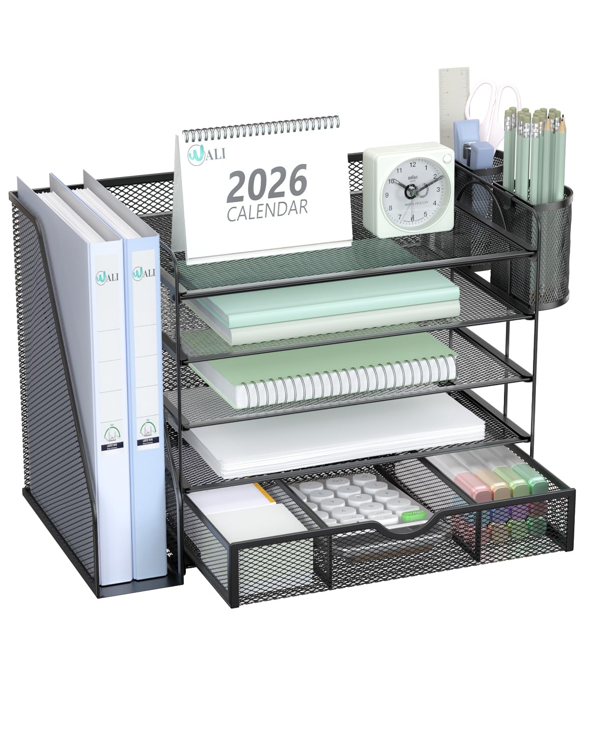WALI Desk File Organizer, 5 Tier Desktop Paper Letter Tray Organizer with Drawer and 2 Pen Holders