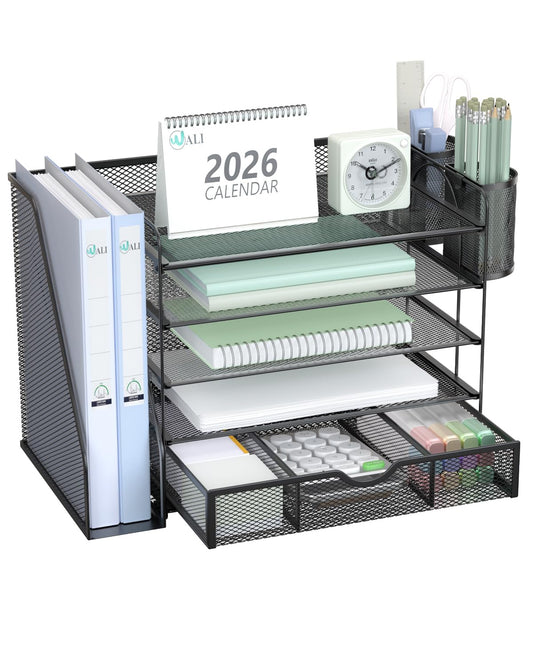 WALI Desk File Organizer, 5 Tier Desktop Paper Letter Tray Organizer with Drawer and 2 Pen Holders