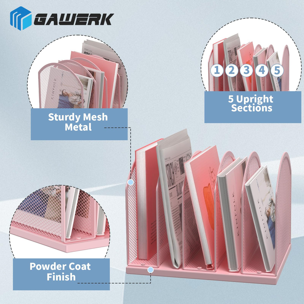 Gawerk 5-Section Vertical Desktop Organizer, 6-Section Mesh File Folder Stand Sorter for Office
