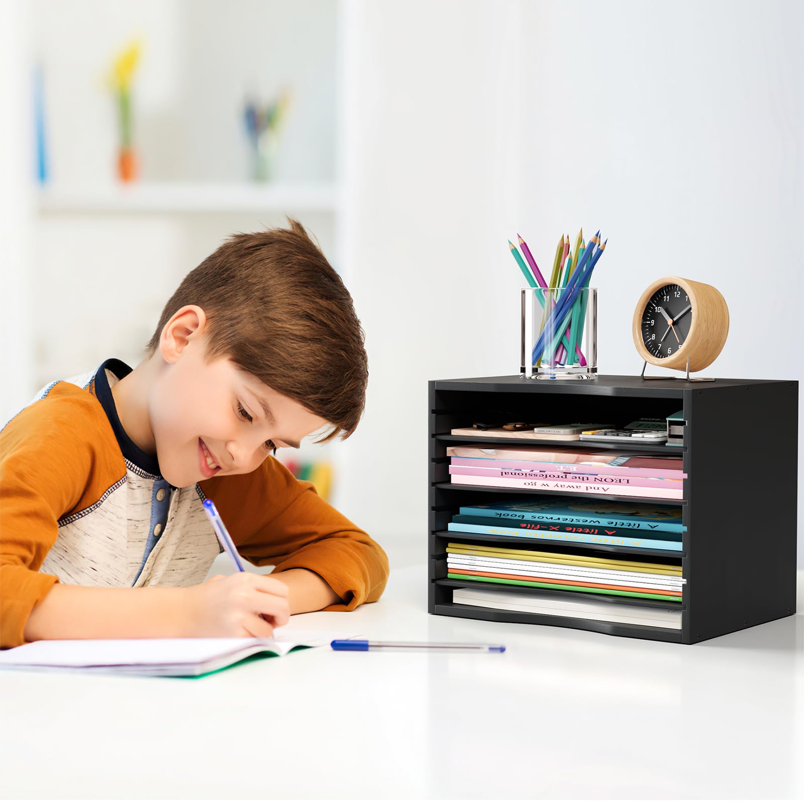 Bamjoy Wood 5 Tier Desktop Organizer, Paper Organizer Mail Sorter, File Holder Letter Document