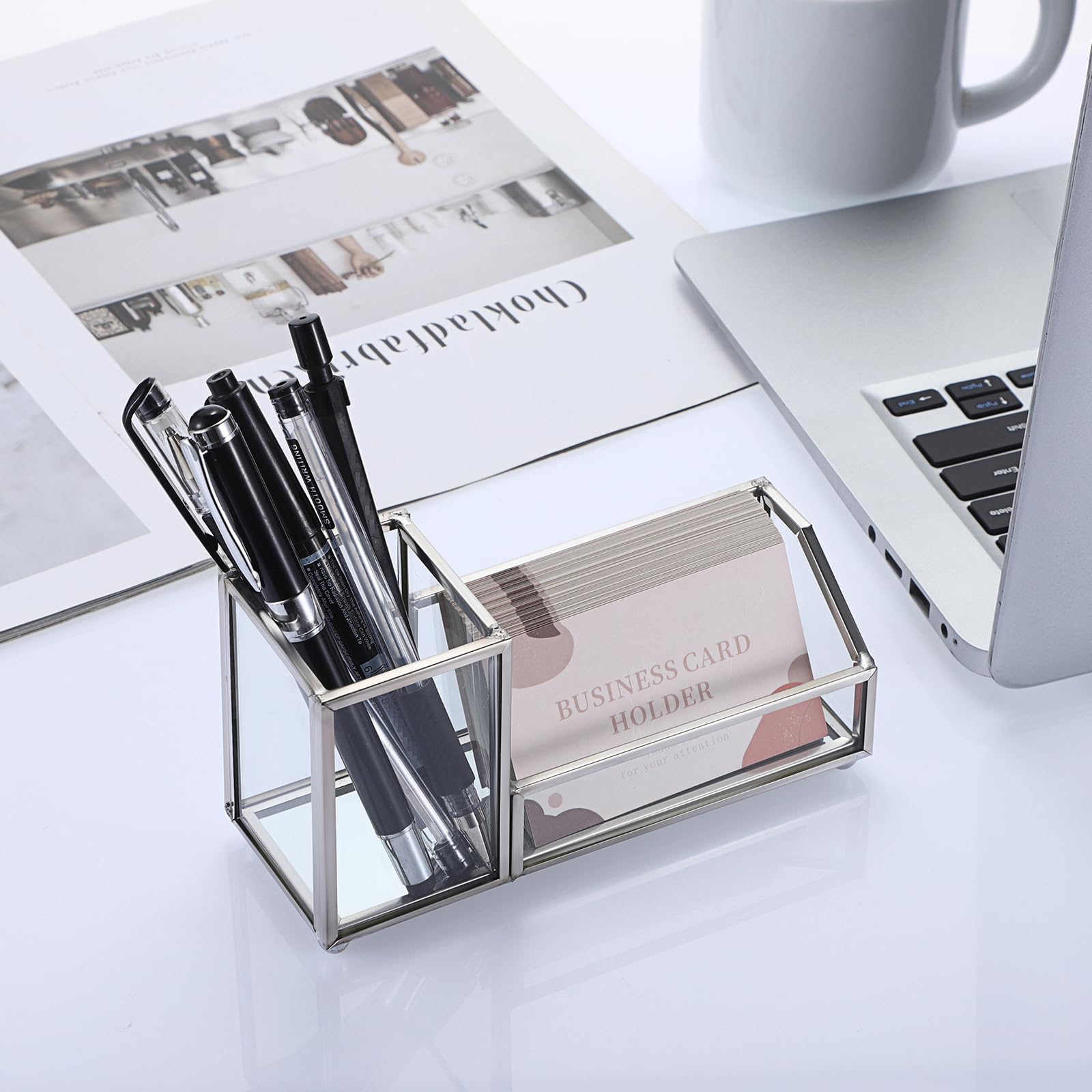 Hipiwe Glass Business Card Holder with Pen Cup for Desk, 2 Slots Silver