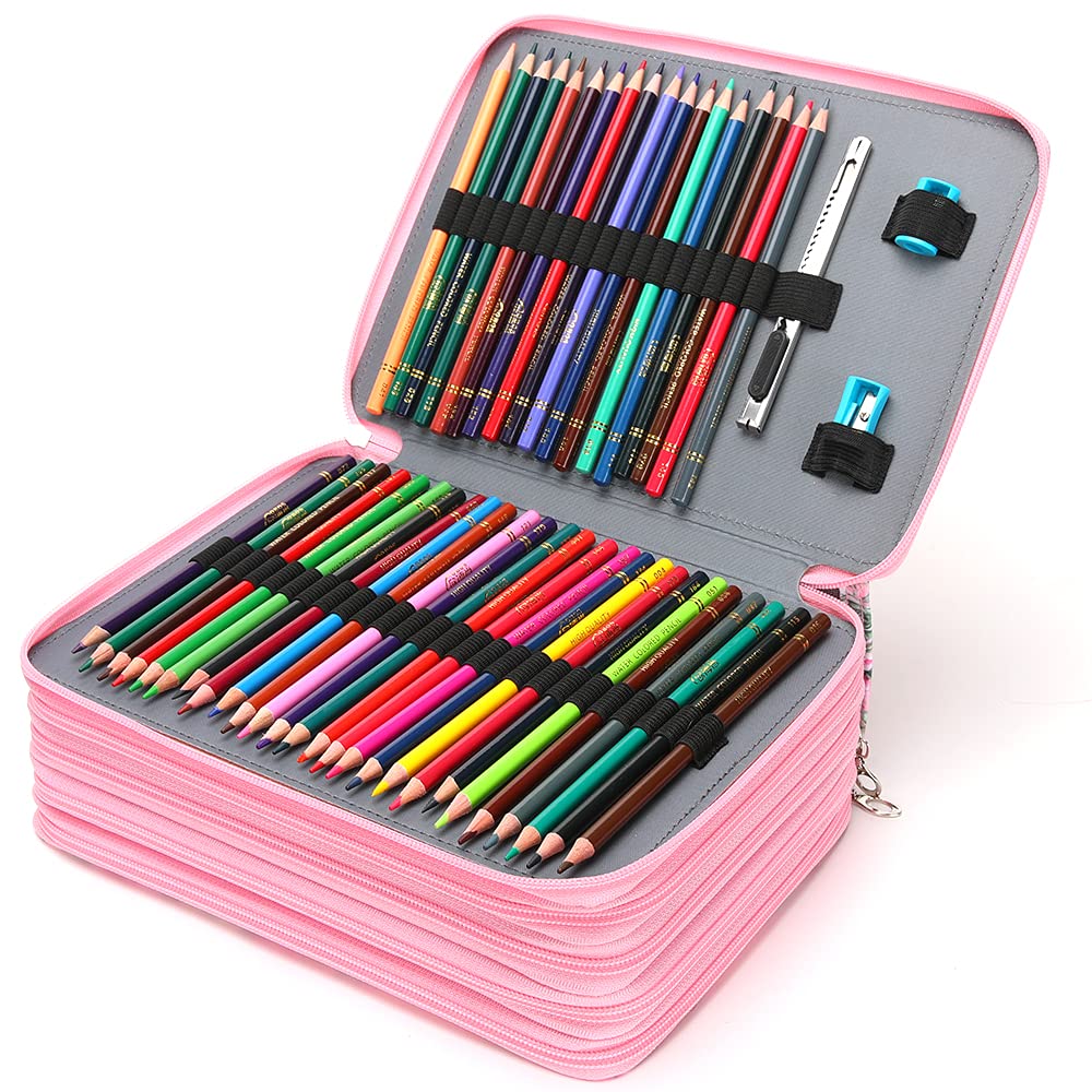 Vomgomfom 252 Slots Pencil Case 5-Layer PU Leather, Handle, Pink Flower