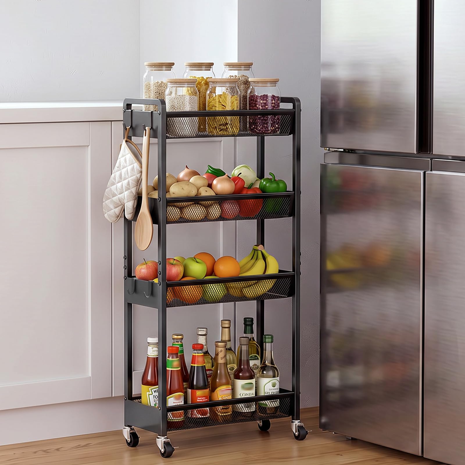 Delamu 4 Tier Slim Rolling Storage Cart, Utility Metal Narrow Cart 7.1" W