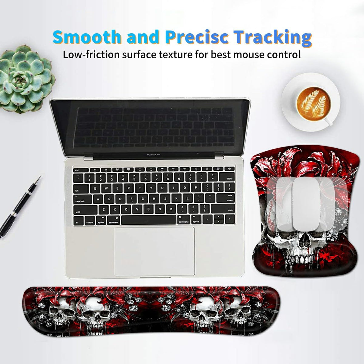 3Pcs Ergonomic Memory Foam Keyboard Wrist Rest Pad Set, Red Flower Skull