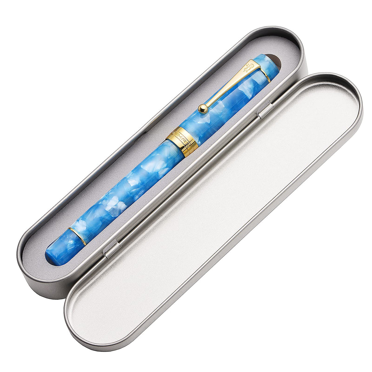 Jinhao 100 Classic Fountain Pen Sky Blue Celluloid Gold Trim, Medium Nib with Converter and Pen