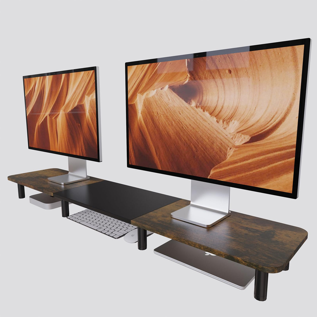 WEGASTU 43.7" Extra Long Dual Monitor Stand Riser, Wood & Steel Monitor Stand for 2 Monitors, Wide