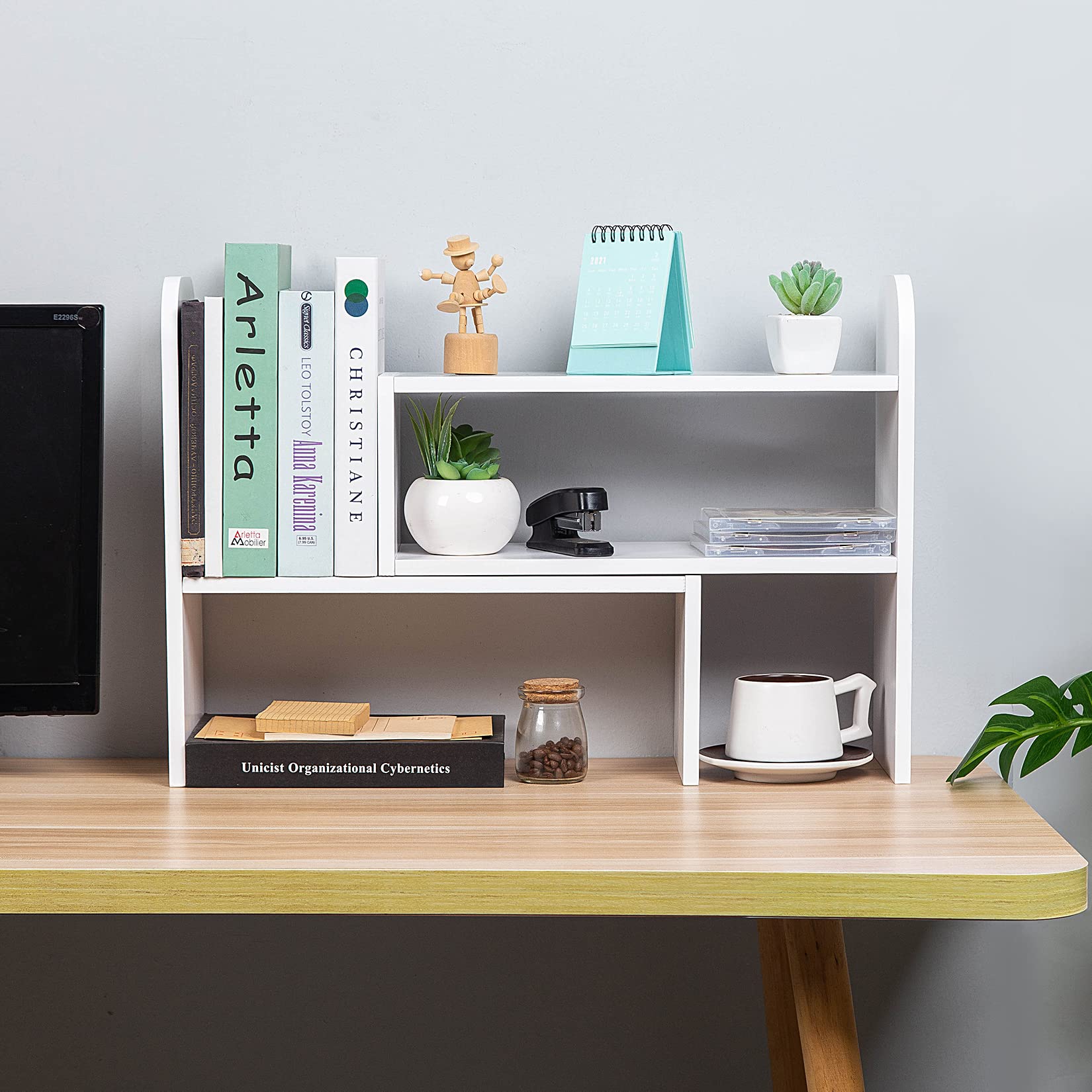 VERGOODR Desktop Adjustable Natural Wood Book Shelf Organizer Office Storage Rack Display Stand