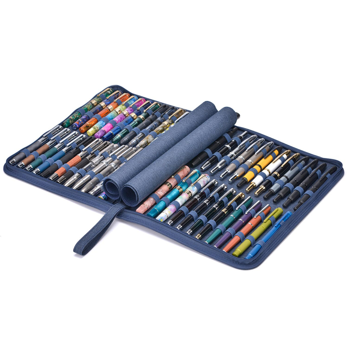 Lanxivi 48 Fountain Pen Case Denim Blue Organizer Bag, Waterproof Canvas Pen Display Holder with