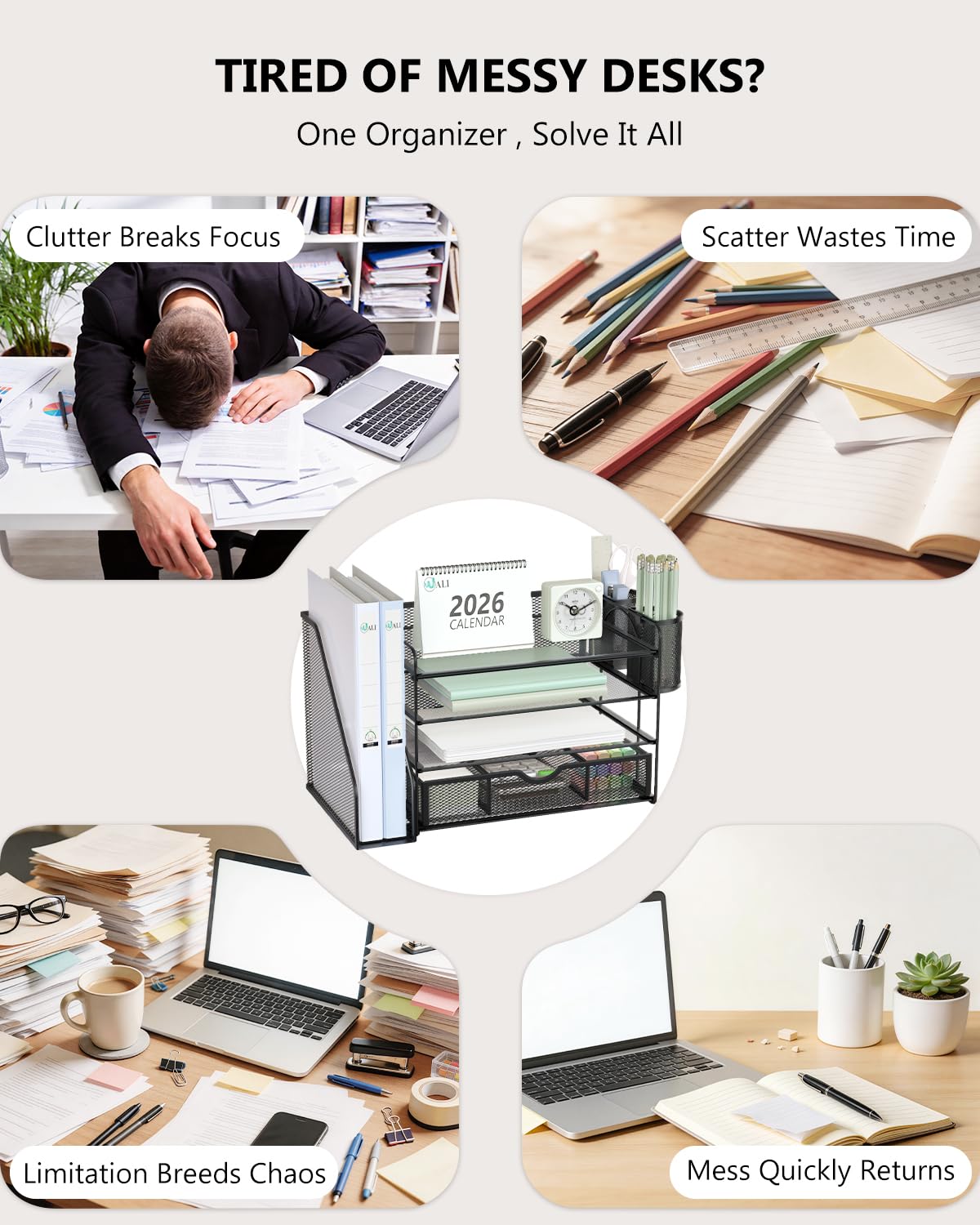 WALI Desk File Organizer, 4 Tier Desktop Paper Letter Tray Organizer with Drawer and 2 Pen Holders