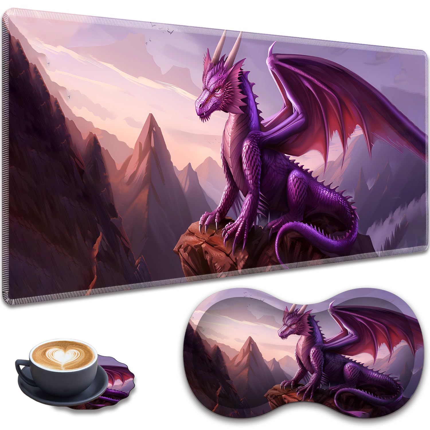 3-Piece Purple Dragon Mouse Pad Set, Including Wrist Support Pad and Cup Holder, with Waterproof