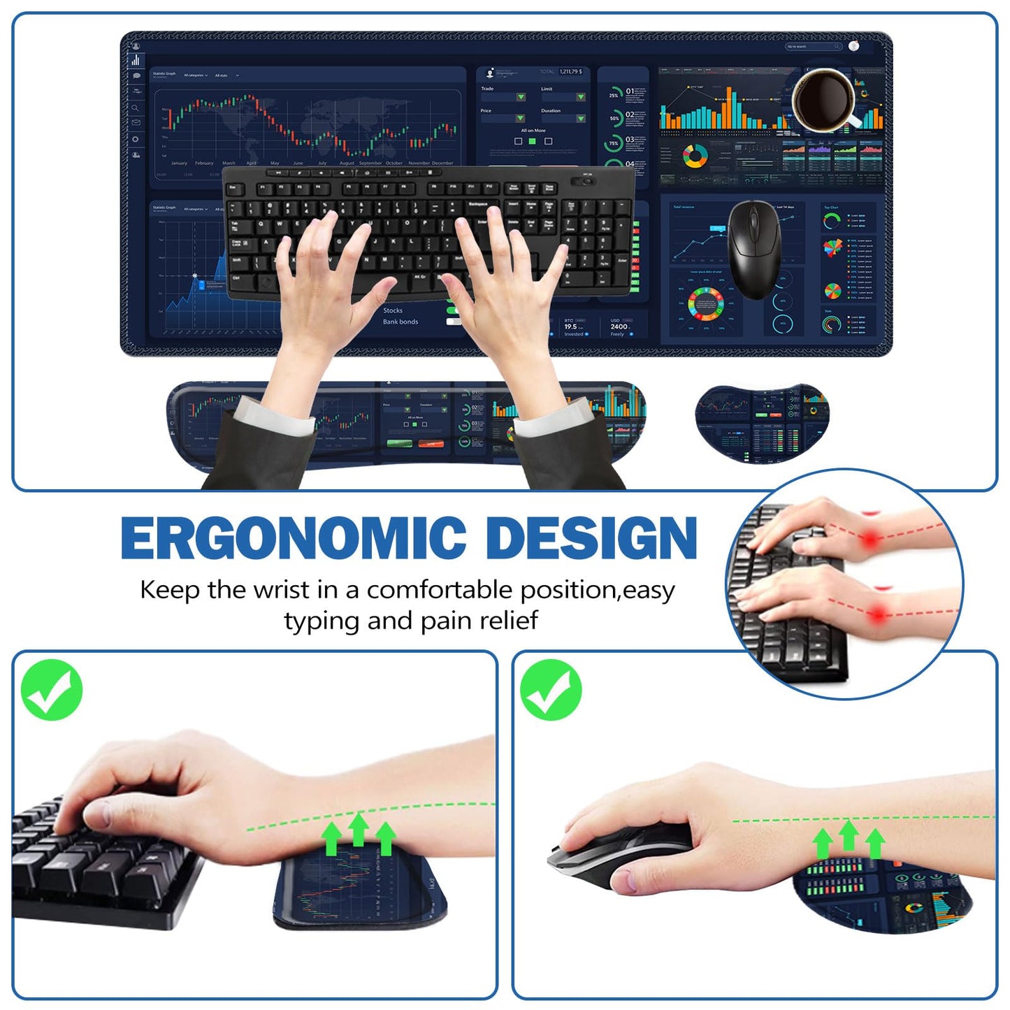 ToLuLu Extended Gaming Mouse Pad, Memory Foam Ergonomic Keyboard Mouse Wrist Rest Support Set