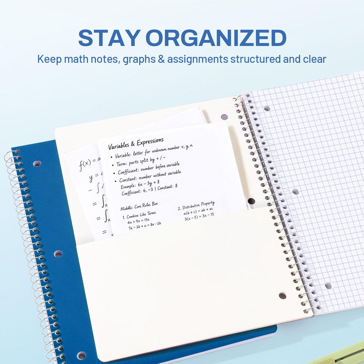 SUNEE Spiral Notebook, 1-Subject, Graph Ruled Paper, 8" x 10-1/2", 100 Sheets per Notebook, 3-Hole
