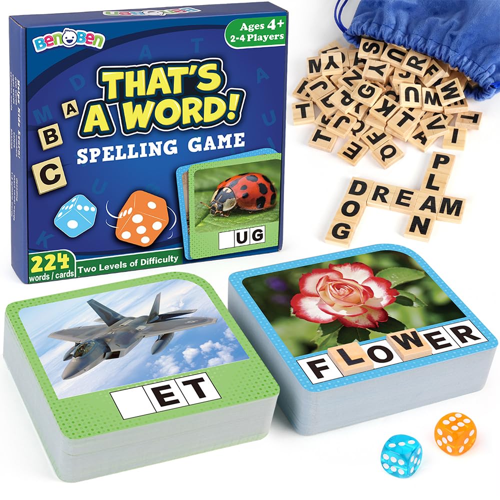 BenBen Spelling Games, 224 Flashcards, 208 Wood Letter Tiles, 1-4 Players, Learning Games for Kids