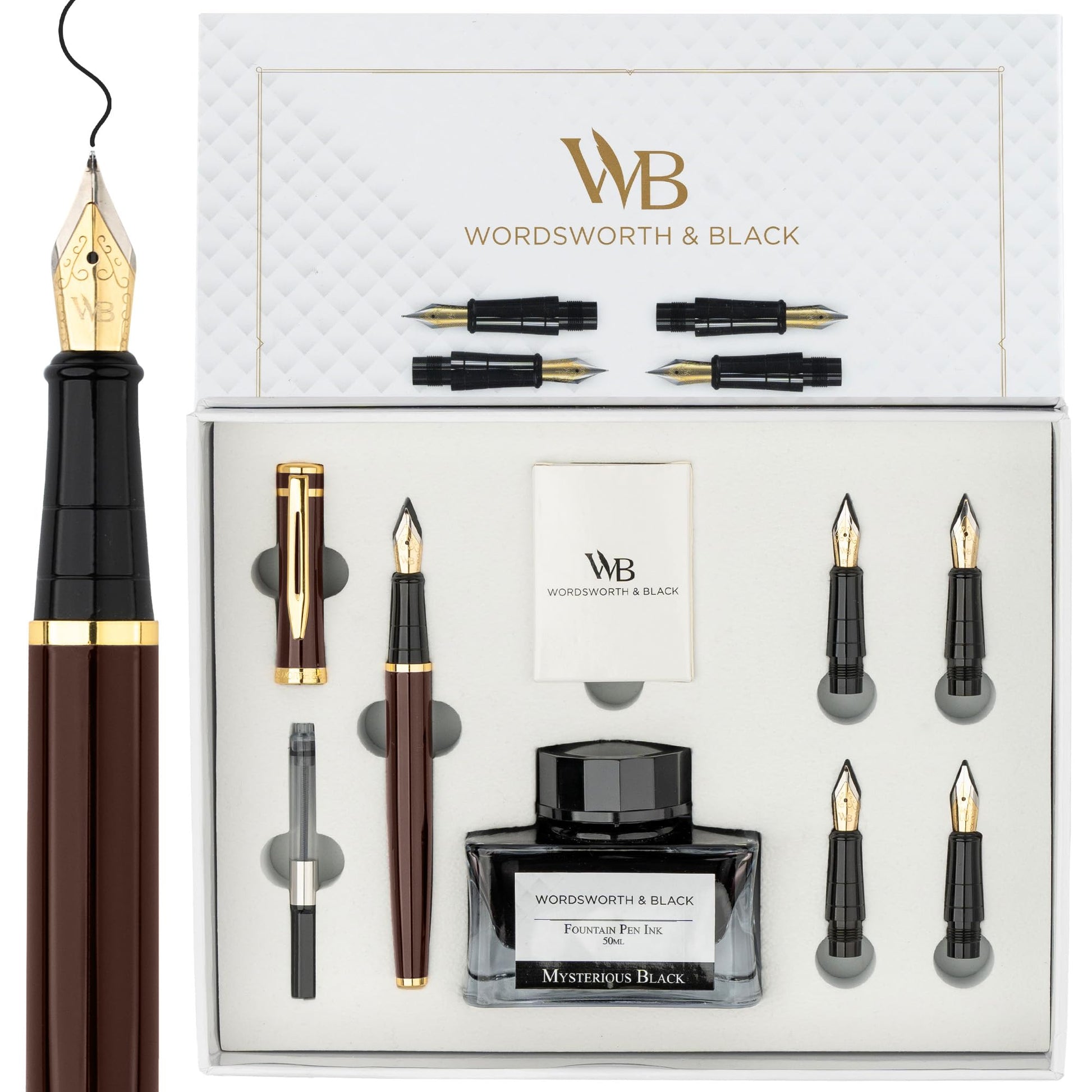 Wordsworth & Black Luxury Fountain Pen Set for Writing, 6 Nibs, Brown