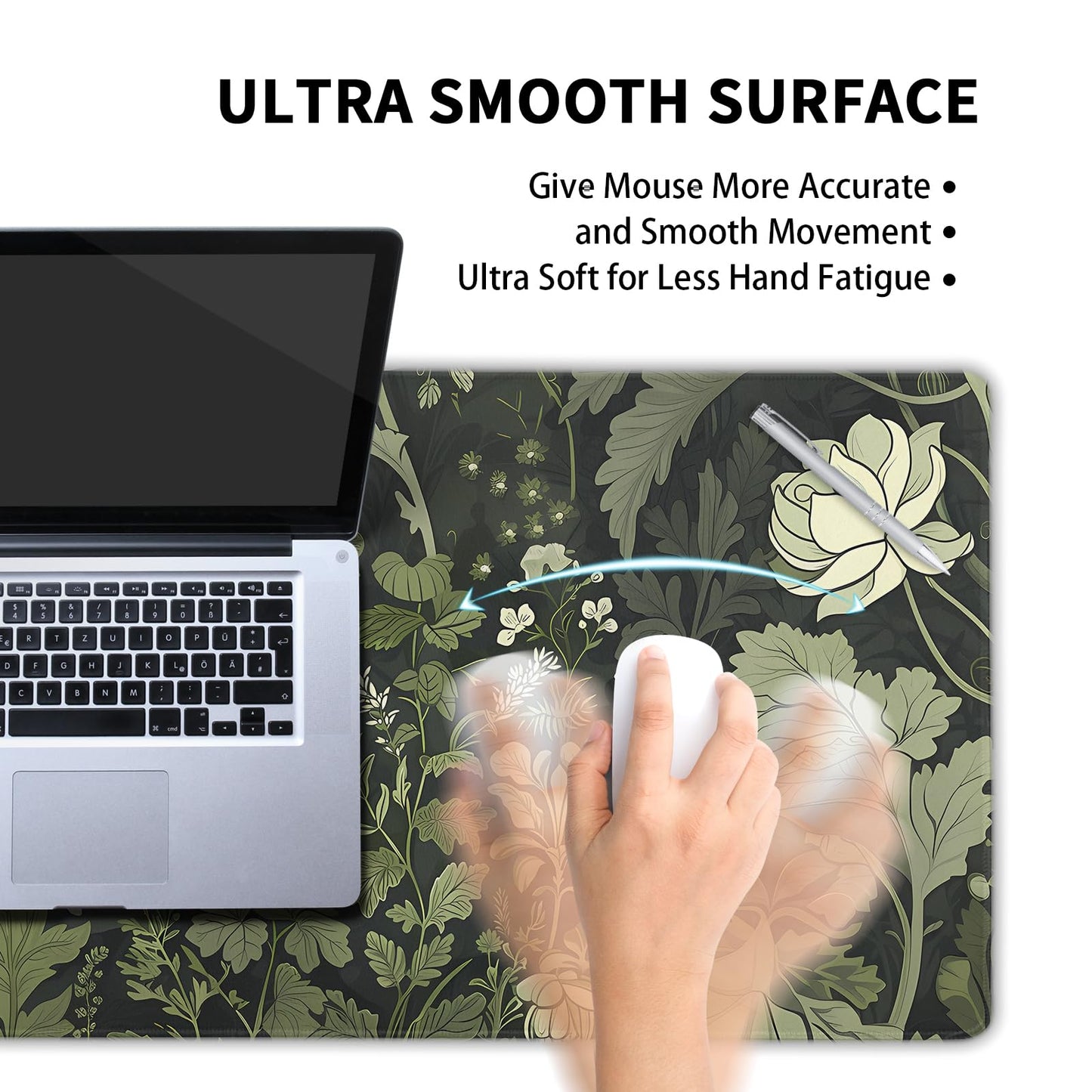 Sage Green Floral Mouse Pad XXL 35.4 X 15.7 Inch Plant Flower Pattern Botanical Design Extended