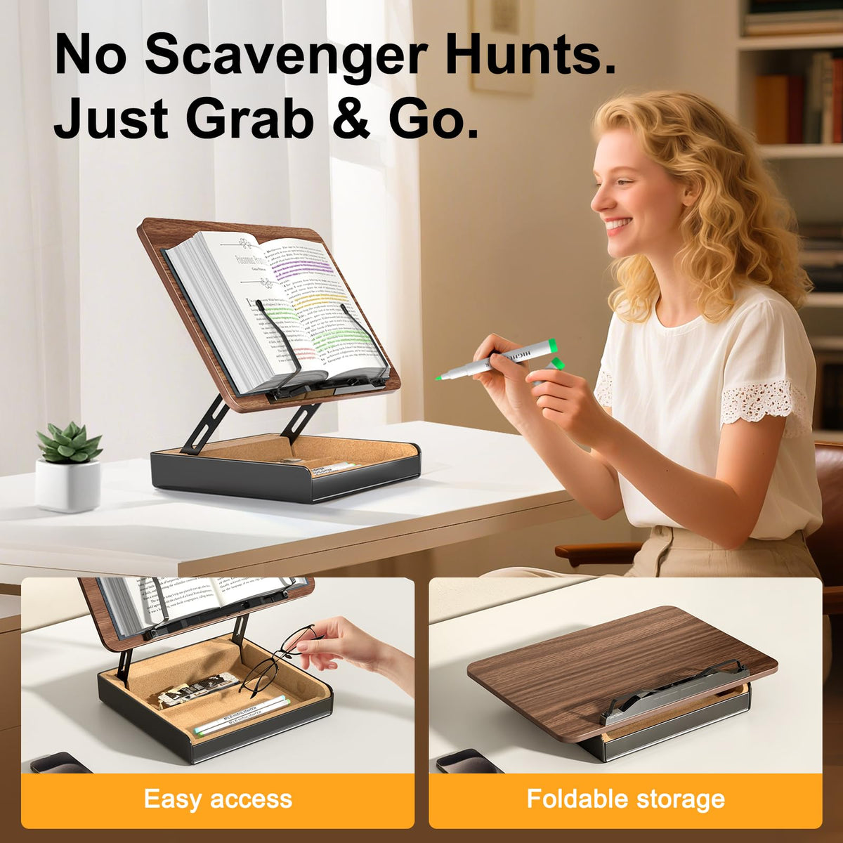 HUMANCOZY Book Stand with Storage, Book Holder for Reading Hands Free