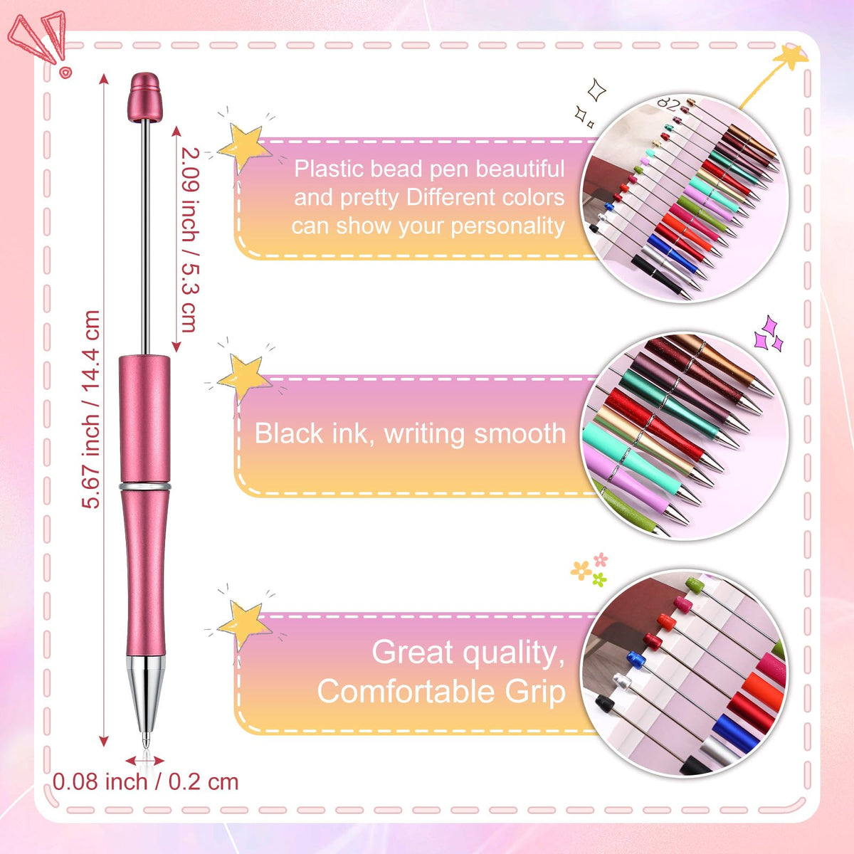 Kosiz 60 Pieces Beadable Pens Bulk Black Ink Pens,Frosted Glitter,Elegant