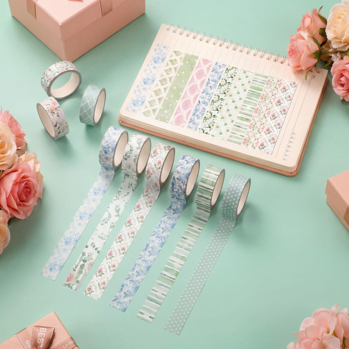YooNotee 12 Rolls Floral Washi Tape Set,Pink and Green,Spring