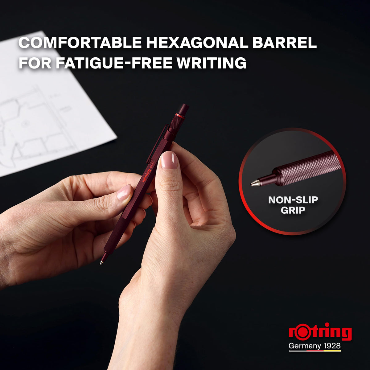 rOtring 600 Ballpoint Pen | Medium Point | Black Ink | All-Metal Body Pen | Dark Stone | Non-Slip