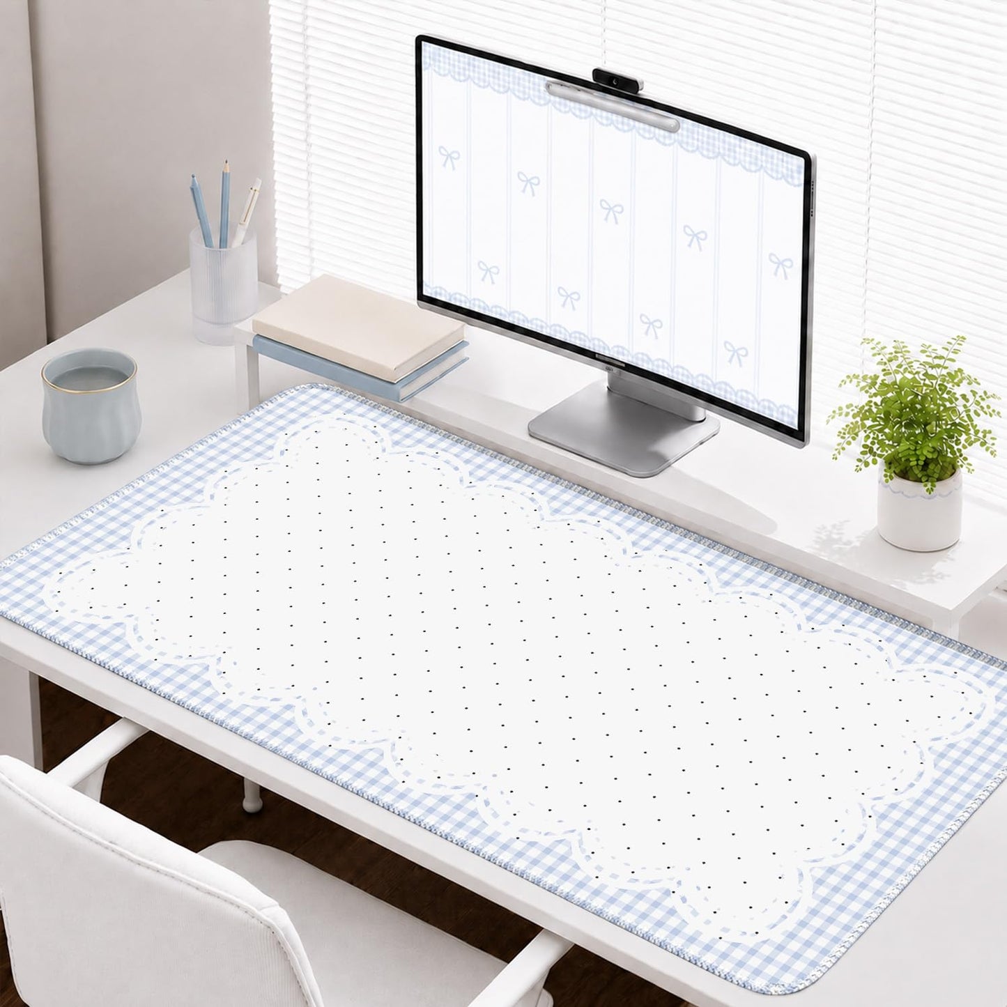 Nasdalgias Blue White Desk Mat -31.5x15.7in-Checkered Wavy Polka dots for Office Study Gaming Work