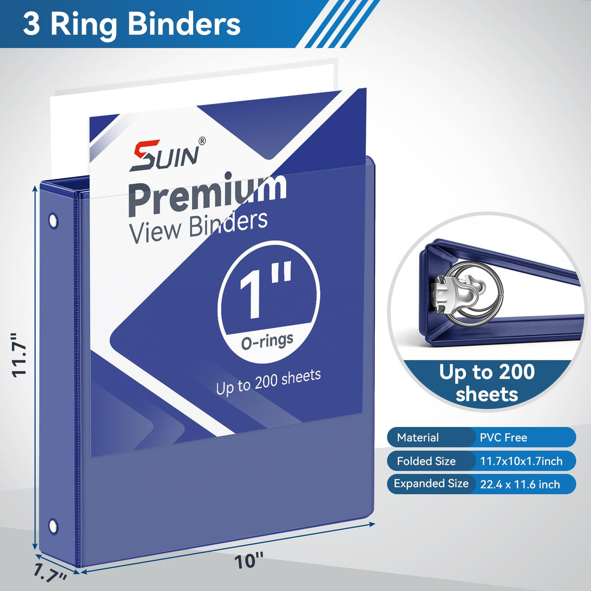 SUIN 1-inch 3 Ring Binder with 2 Interior Pockets, 1''Durable Binders Holds US Letter Size 8.5'' x