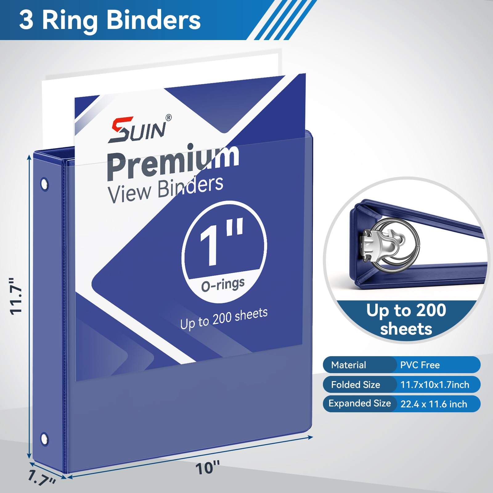 SUIN 1-inch 3 Ring Binder with 2 Interior Pockets, 1''Durable Binders Holds US Letter Size 8.5'' x