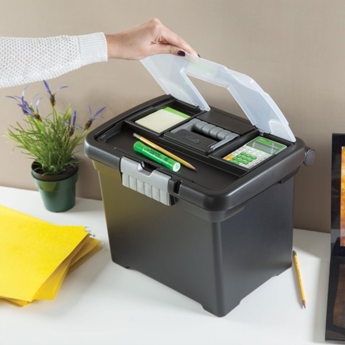 Sterilite Portable File Box, Letter File Storage Bin with Handle, 4 Pack
