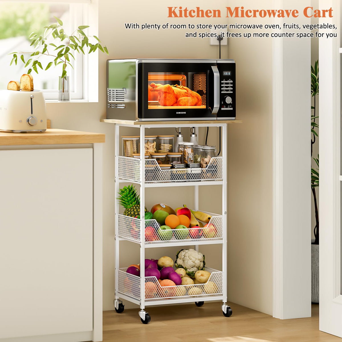 ThreeHio Rolling Kitchen Microwave Cart with Fruit Baskets, 4 Tier Microwave Table Stand with