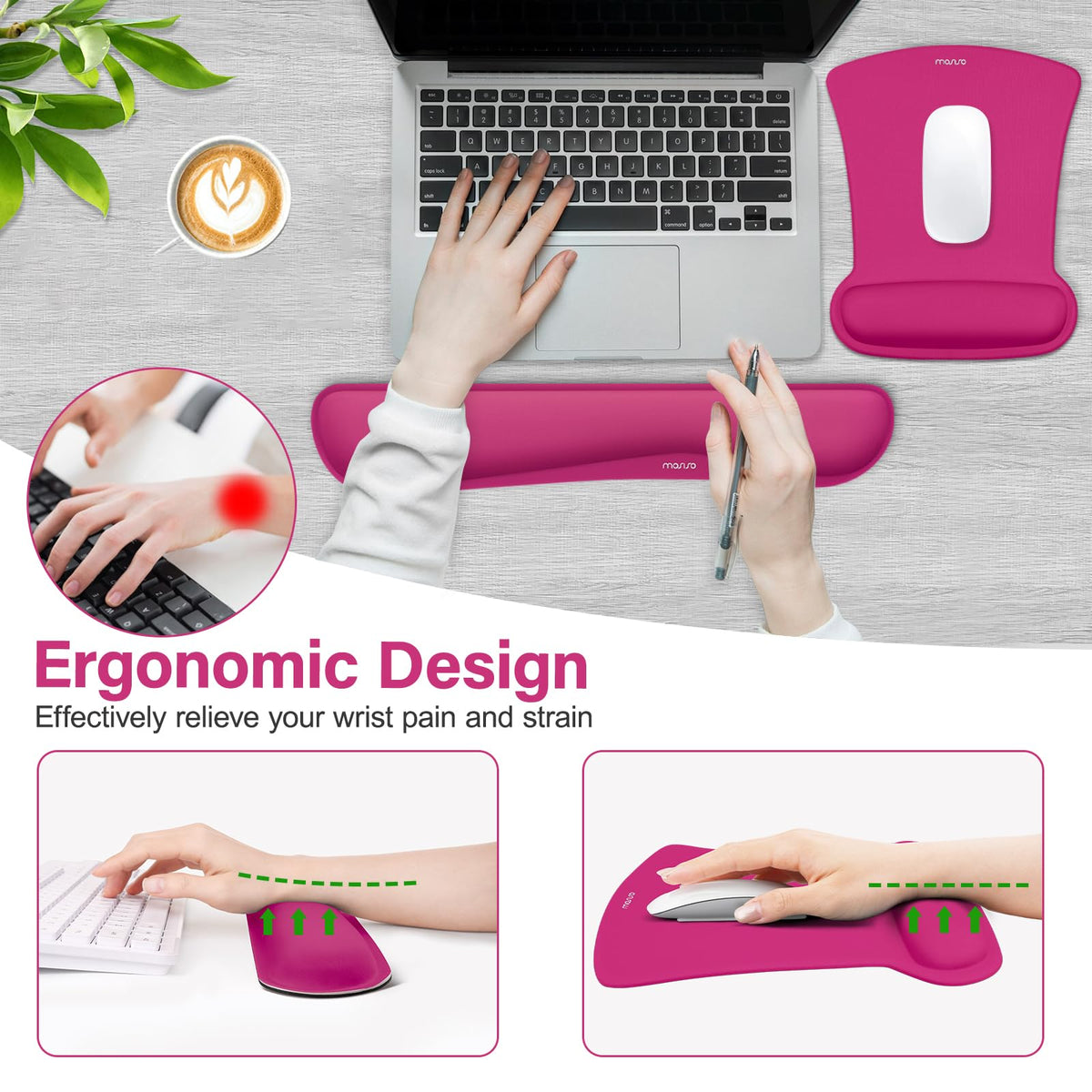 MOSISO Wrist Rest Support for Mouse Pad & Keyboard Set, Rose Red