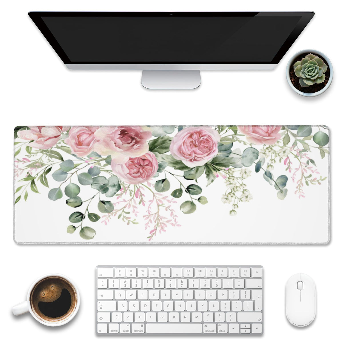 Desk Mat,Peony Flowers and Eucalyptus Leaves Large Gaming Mouse Pad for Desk XL,Pink Floral Desk