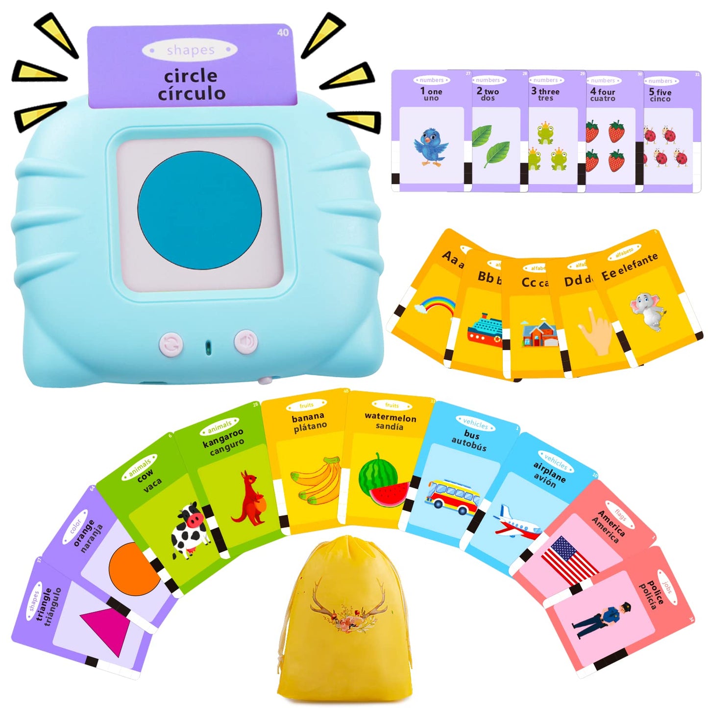 QuTZ ABC Learning Flash Cards for Toddlers 2-4 Bilingual Spanish English, Autism Toys, Speech
