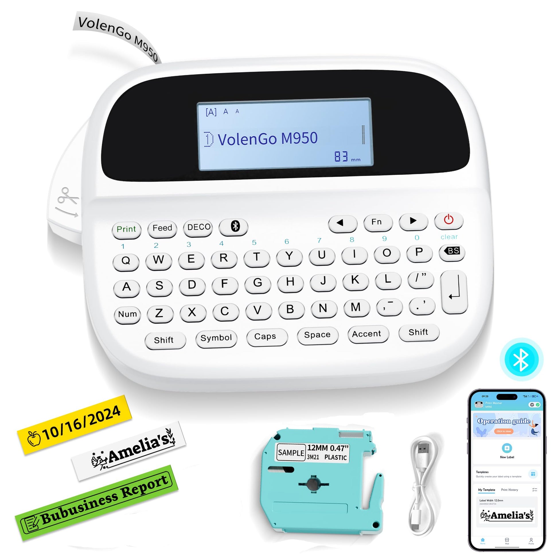VolenGo M950 Label Maker Machine with-Tape, Rechargeable Backlit Labelmaker
