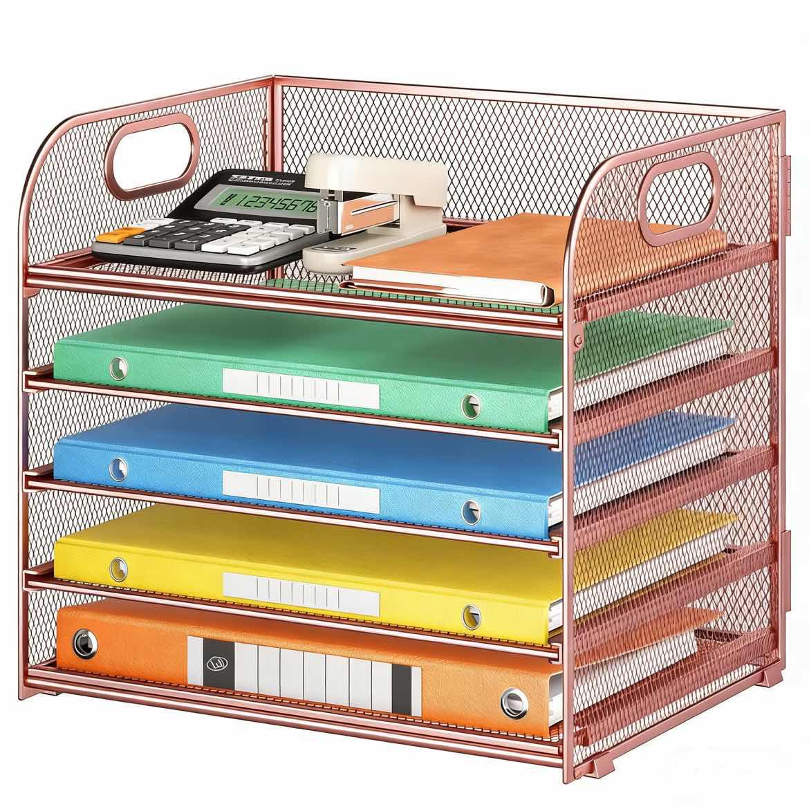 5 Tray Paper Organizer Letter Tray with Handle - Mesh Desk File Organizer, Paper Sorter Organizer