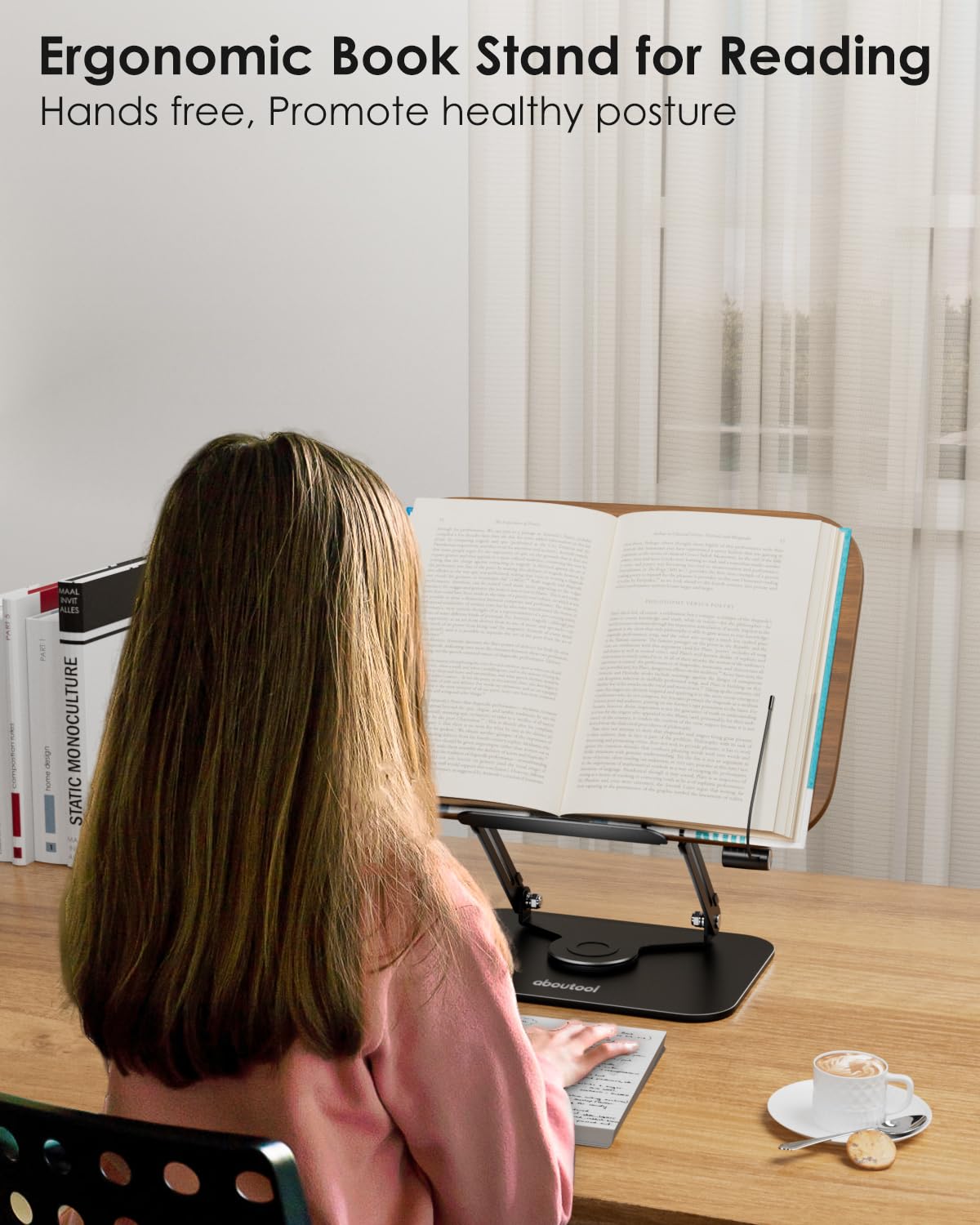 Book Stand for Reading, Aboutool Adjustable Book Holder with 360° Swivel Base & Page Clips