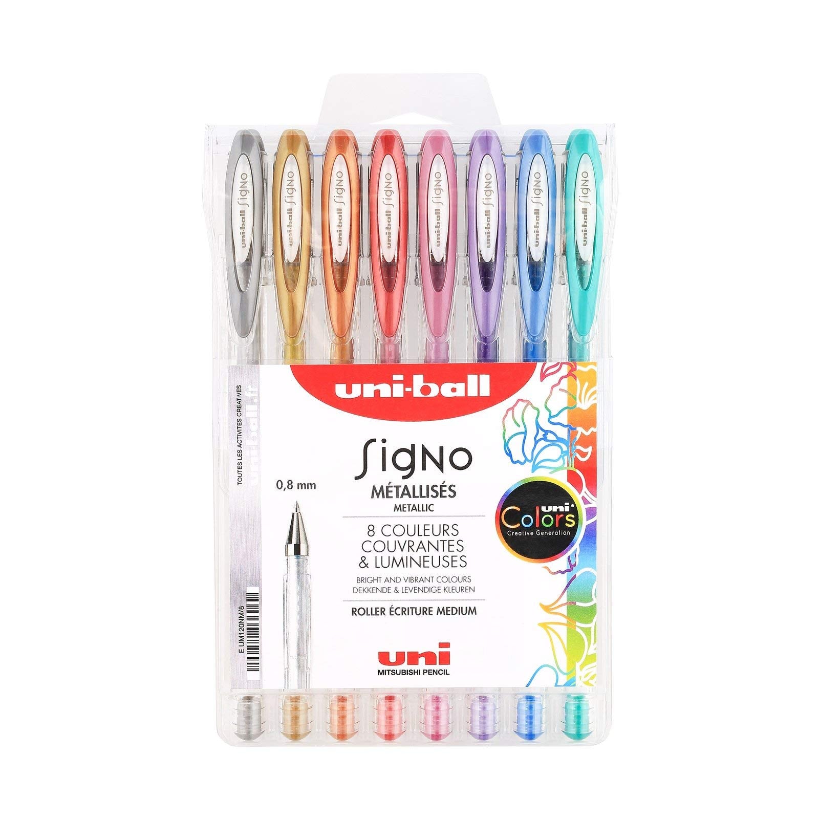 uni-ball Mitsubishi Pencil - 8 Signo Gel Ink Rollerball Pens - Metallic Colours - 0.8 mm Tip