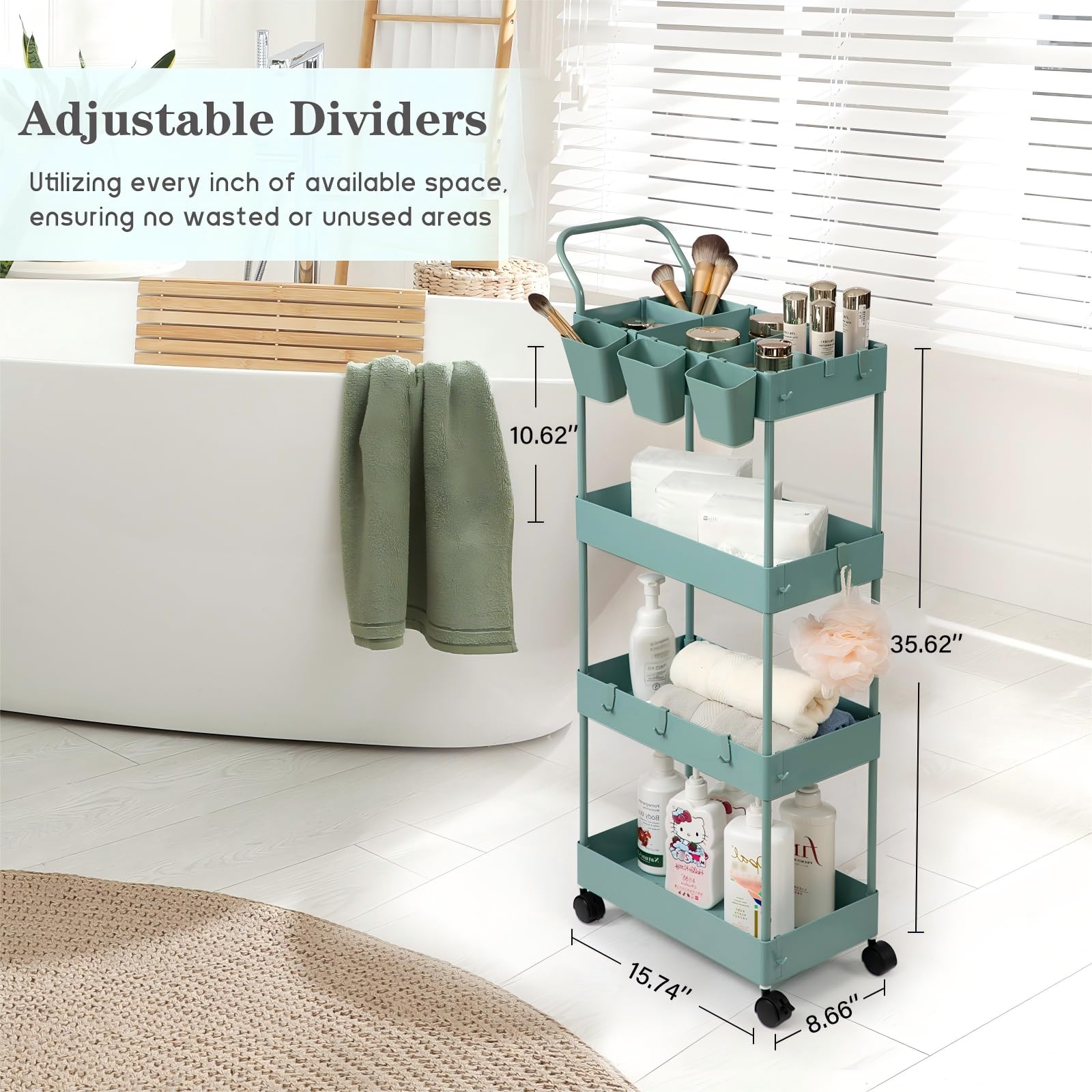 danpinera Slim Storage Cart on Wheels, 4 Tier Narrow Laundry Cart with Hooks Hanging Cups Dividers