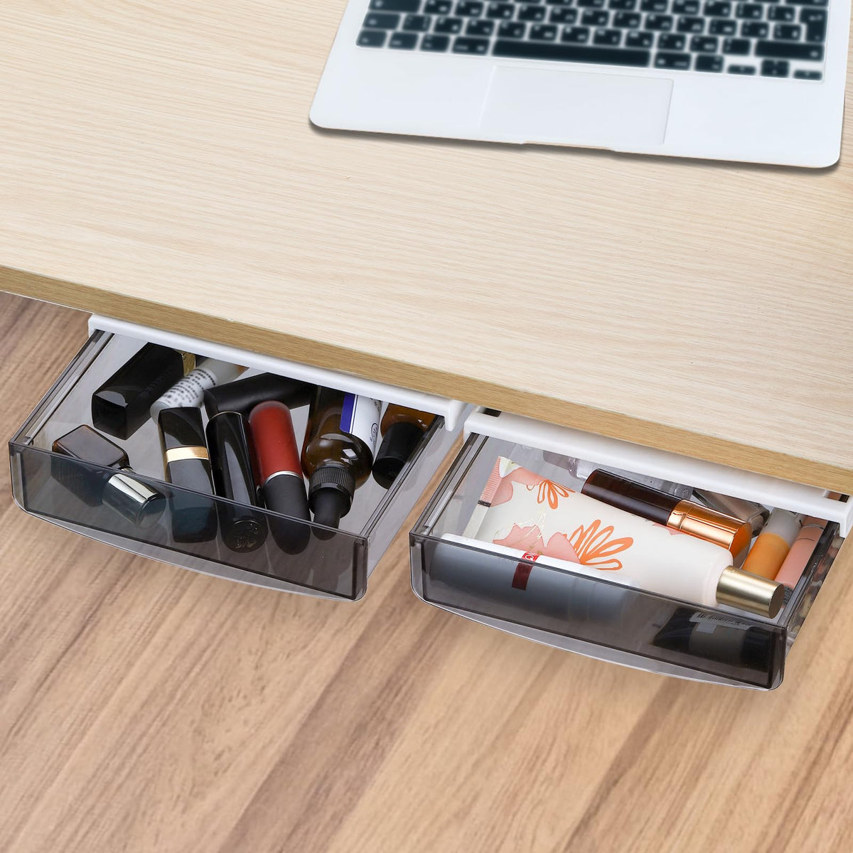SOUJOY 3 Pack Under Desk Drawer, Self-Adhesive Slide Out Organizer Tray, Plastic Under Table