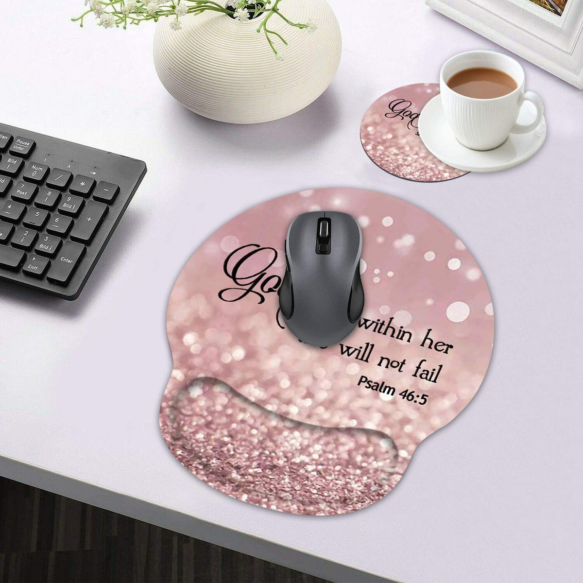 Ergonomic Mouse Pad Wrist Support and Coffee Coaster, Cute Wrist Rest Pad with Non-Slip PU Base for