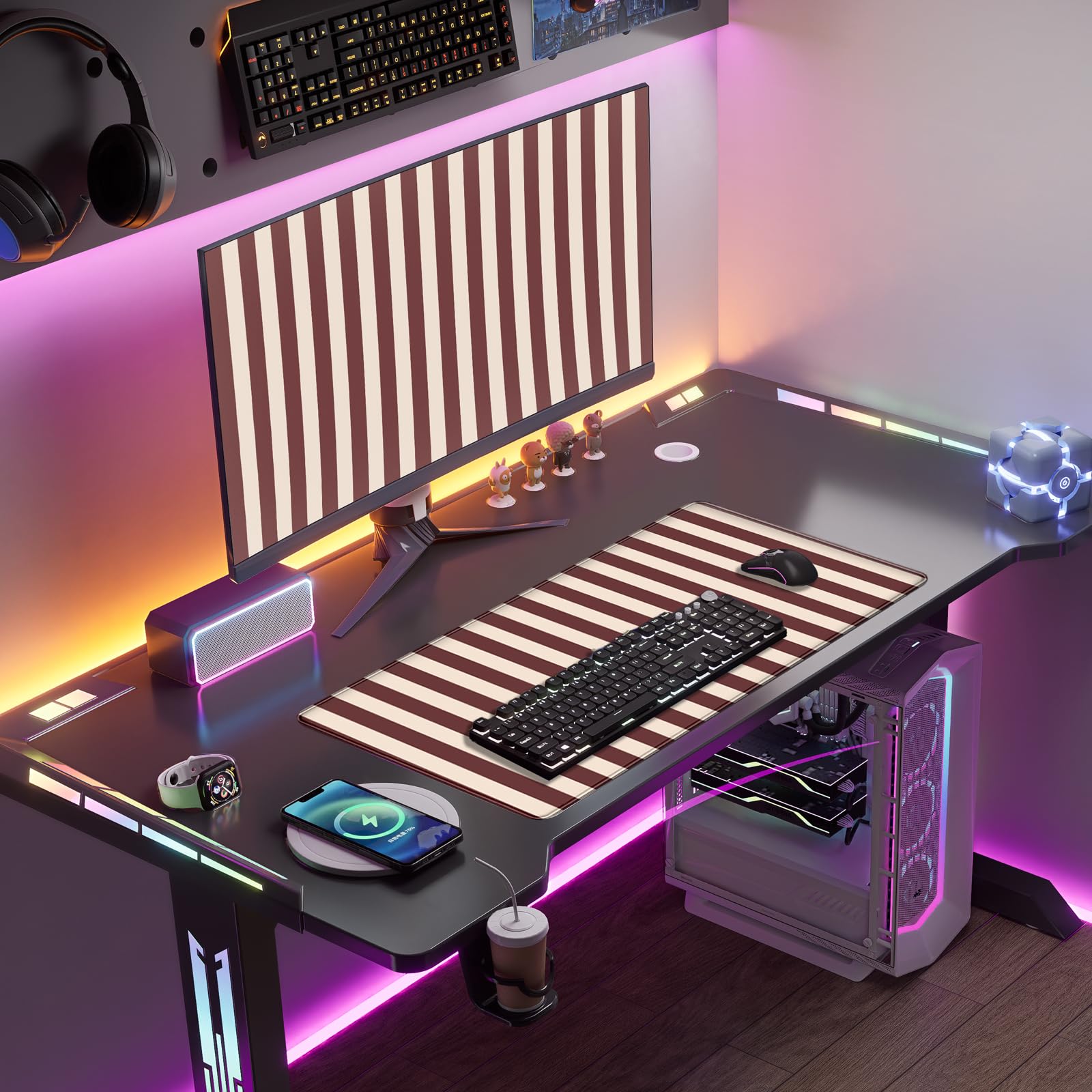 Maroon Beige Striped Desk Mat Cute Pastel XXL Large Gaming Mouse Pad Desk Pad Kawaii Cozy Aesthetic