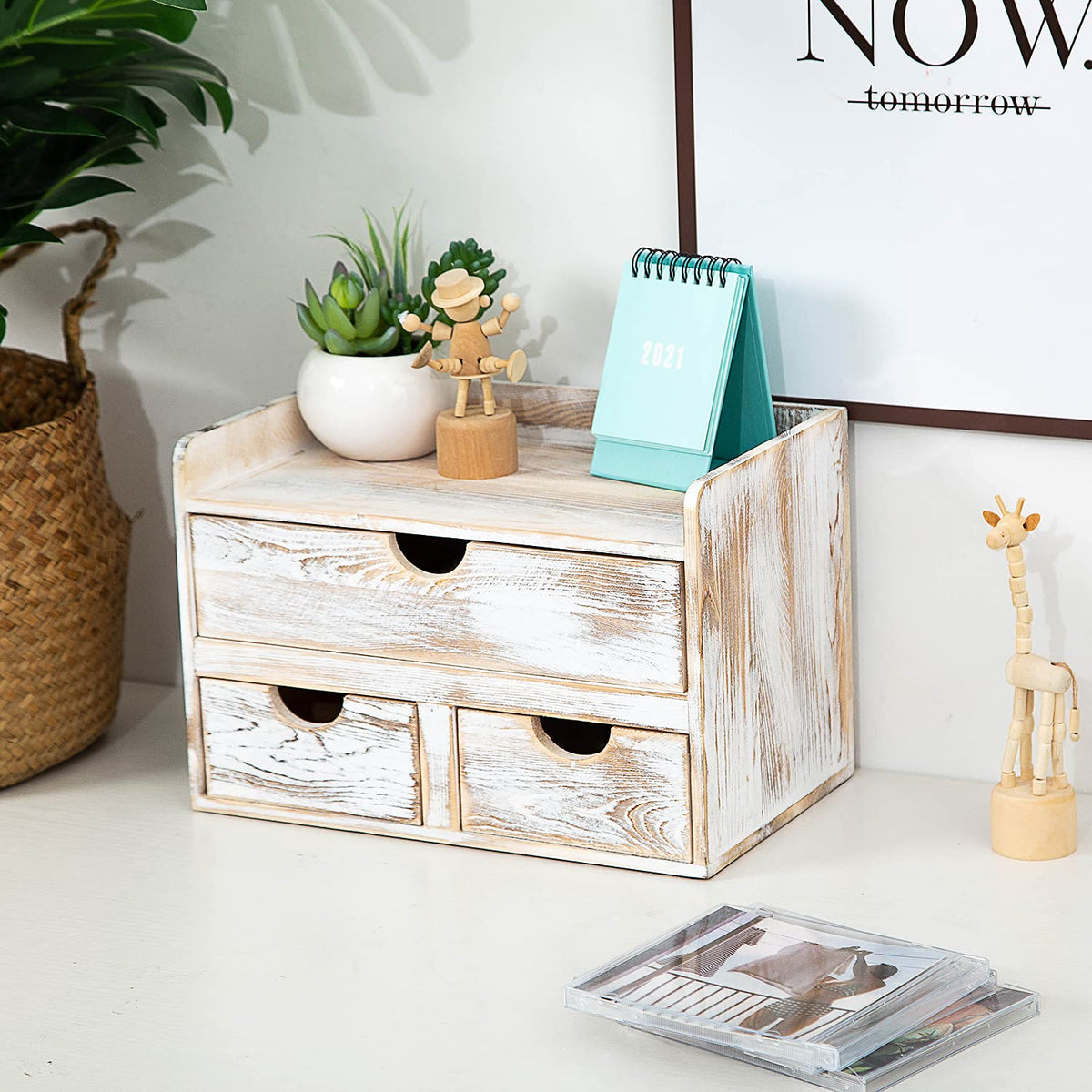 Rustic Distressed white 3-Tier Wood Desk Organizer with 3 Drawers Mini Storage Shelf For Desk