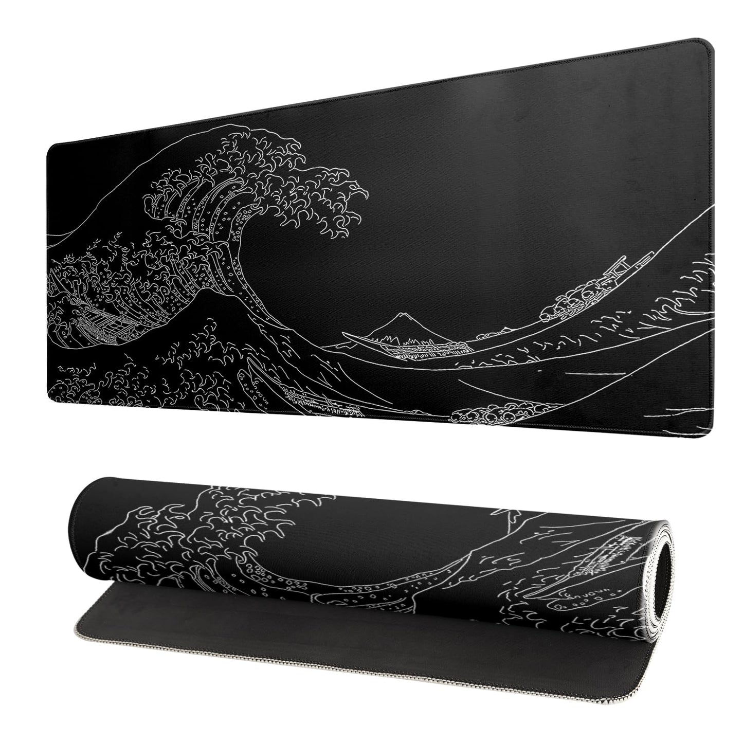 Japanese Sea Wave Large Mouse Pad Abstract Black Mouse Pad 31.5x11.8 Inch Black Kanagawa Texture