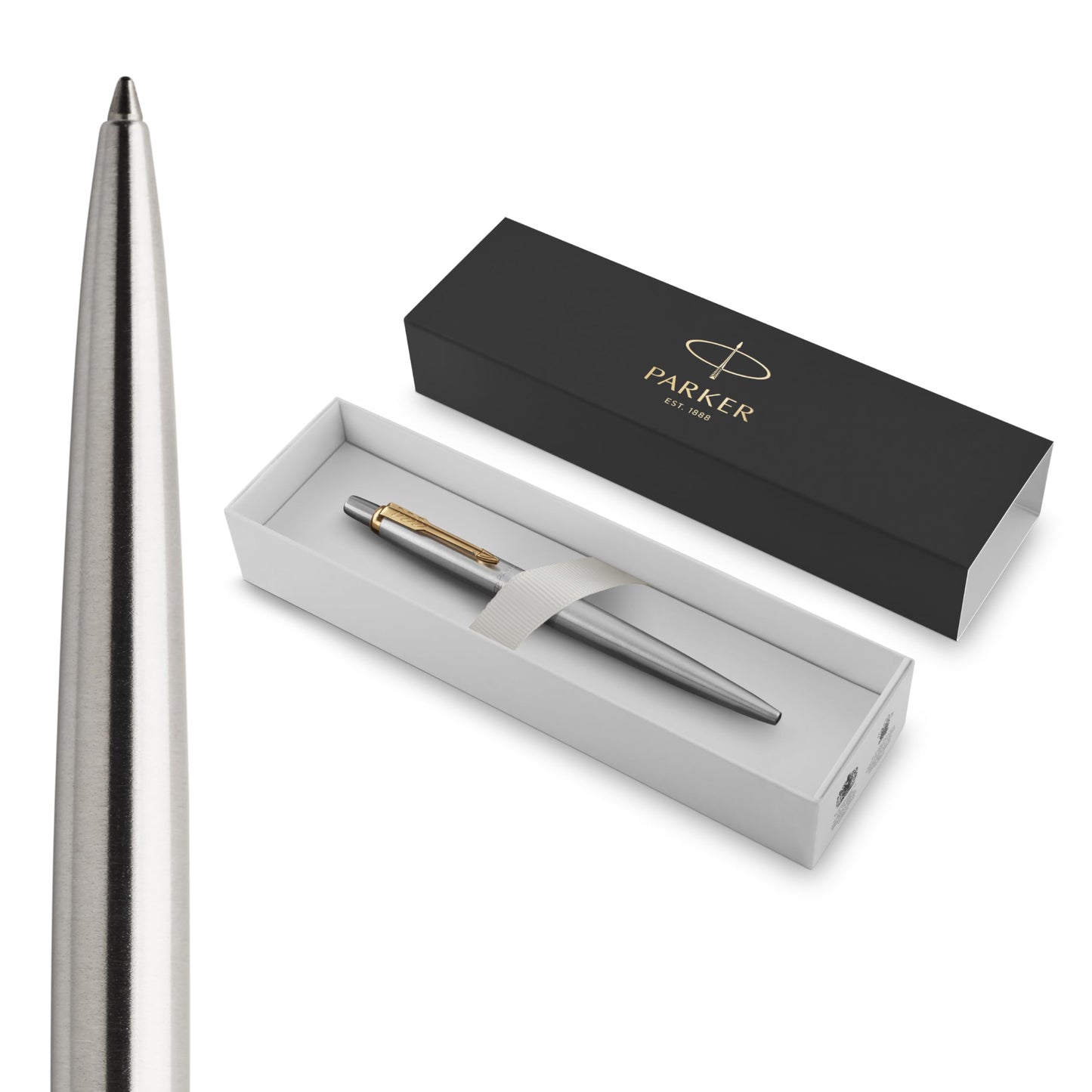 Parker Jotter Ballpoint Pen, Stainless Steel with Golden Trim, Medium Point, Blue Ink, Gift Box
