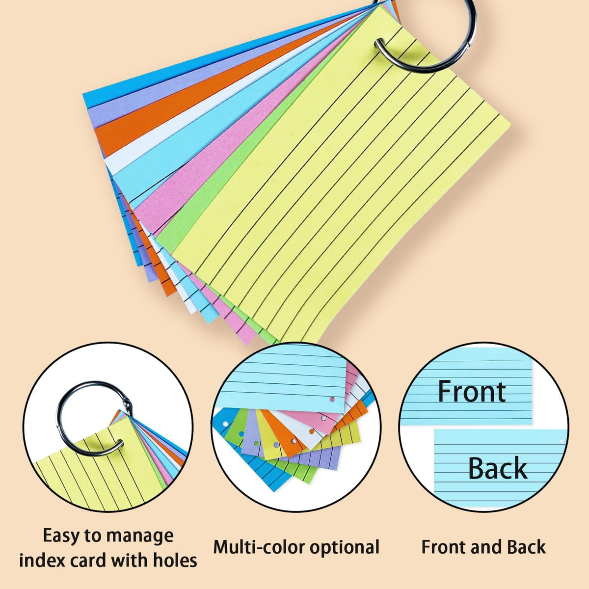 TFLFL Index Cards 3x5 Inch, 600PCS Flash Cards with Rings 8 Colors Ruled Index Cards, Assorted