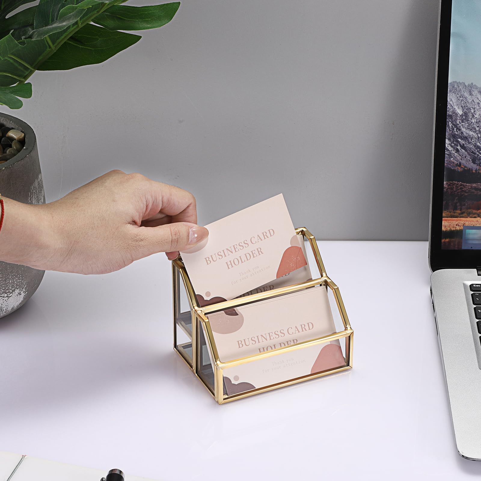 Hipiwe Glass Business Card Holder for Desk 2 Slots Gold Name Card Stand